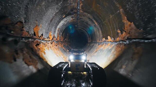 A journey into the heart of a dark, abandoned sewer pipe unfolds. Lights illuminate damp walls as mysterious textures reveal hidden stories of urban decay.
