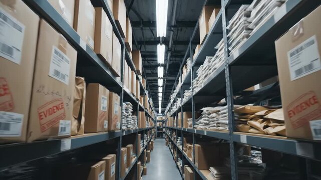 Bright overhead lights illuminate endless rows of neatly stacked boxes. Workers efficiently navigate through aisles, organizing packages for timely delivery during the bustling shift.