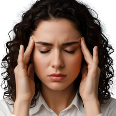 Woman experiencing stress and headache with hands on temples
