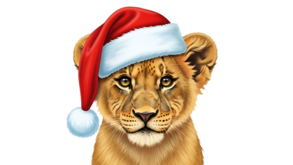 Lioness, wearing a Santa hat, cutout, PNG isolated on transparent background