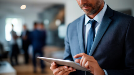 Fototapeta premium Faceless happy real estate agent using digital tablet with clients heavily defocused office background anonymous professional during consultation property business discussion