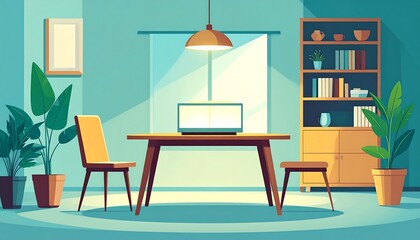 Fototapeta premium Bright illustration with desk, chair, laptop, houseplants, and shelves in blue and yellow toned sunlit room