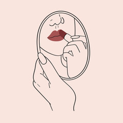 A woman holds a mirror in her hand and applies lipstick to her lips. Decorative cosmetic. Makeup and beauty. Hand drawn. Isolated vector illustration.