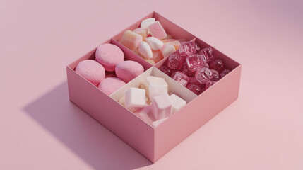 Minimalist Candy Box with Matte Pink & White Sweets, Aesthetic Geometric Composition