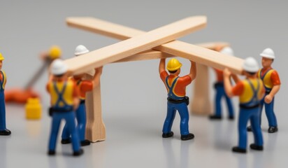 Team of miniature workers collaborating on a construction project with wooden beams in a playful setting