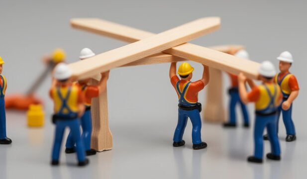 Team of miniature workers collaborating on a construction project with wooden beams in a playful setting - Powered by Adobe