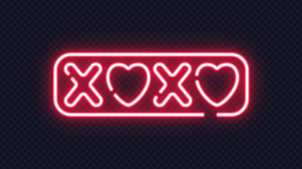 Bright red neon XOXO with hearts inside a glowing frame, symbolizing hugs and affection.