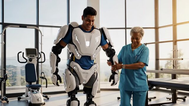 Inside a welcoming and bright rehabilitation center, an innovative robot helps a joyful patient regain mobility with the guidance of a compassionate therapist.