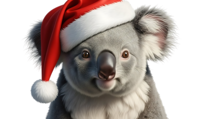 Koala, wearing a Santa hat with red and white hat furry gray and white fur, cutout, PNG isolated on transparent background