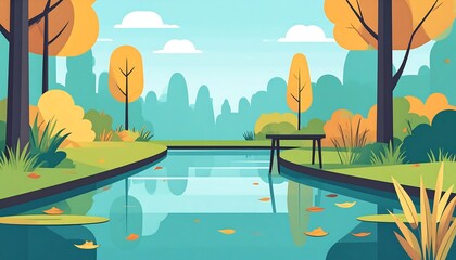Calm park scene with a tranquil stream reflecting autumn foliage, vibrant greenery, and a small, wooden platform