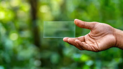 A hand holds a transparent, rectangular glass plate against a blurred green natural background