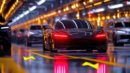 Sleek, black electric sports car drives through a futuristic, neon-lit tunnel
