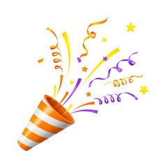 Vibrant party horn with colorful confetti and stars on black background