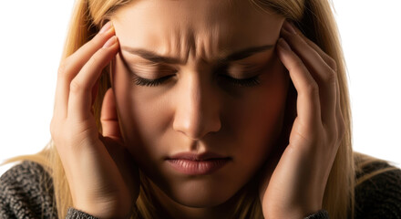 Fototapeta premium Woman experiencing headache or migraine isolated on transparent background