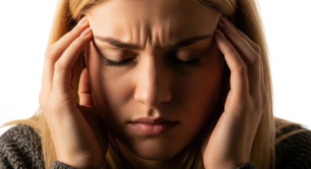 Woman experiencing headache or migraine isolated on transparent background