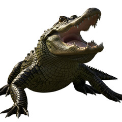 Fierce crocodile with open mouth showing sharp teeth on black background