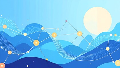 Blue abstract landscape with connected nodes under a bright, circular sun in a flowing, stylized design