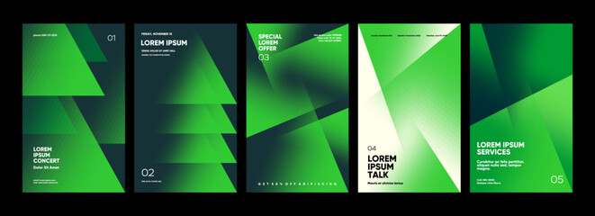 A set of five modern, abstract posters featuring green geometric shapes on a dark background. Each design includes placeholder text and offers a sleek, professional look suitable for events