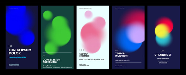 A series of five modern, abstract posters featuring vibrant, blurred shapes in various colors. Each design includes text elements with promotional messages, event details