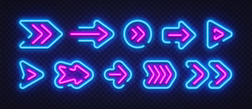 Stylish neon arrow icons with smooth outlines and bright glow arranged as a cohesive set. The modern look adds energy and clarity to digital layouts or web elements.