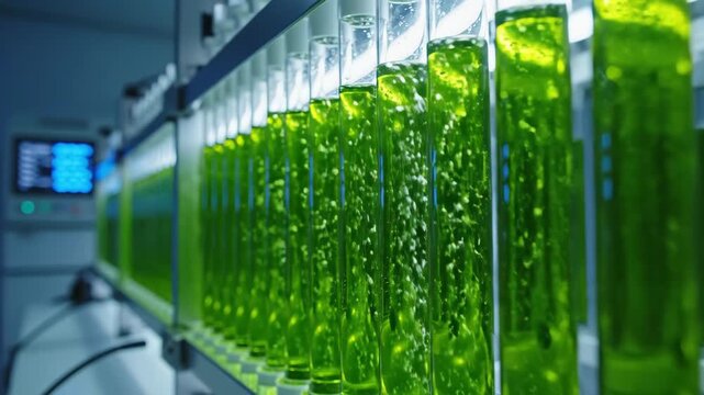 Witness the intricate process of green algae growing in transparent tubes within a modern laboratory. This captivating setup showcases innovation in sustainable energy solutions.