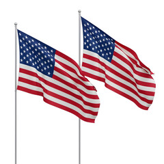 Two American flags waving on silver poles against black background