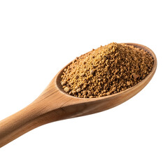 Wooden spoon filled with brown spice or herb powder