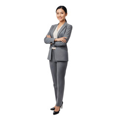Confident businesswoman standing with arms crossed in professional gray suit