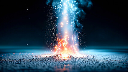 Energy Eruption: A mesmerizing display of cosmic energy erupts, with glowing particles ascending dramatically against the dark expanse, symbolizing power and innovation.