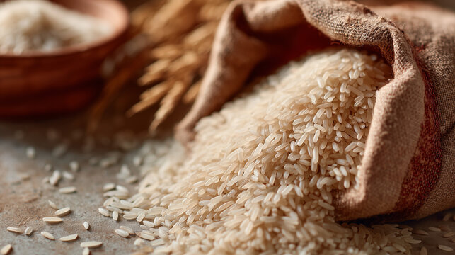 Harvested rice grains spilling from a cloth bag on wooden background  
