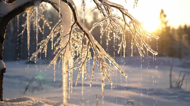 Winter scene with icicles on tree branches glistening in sunlight