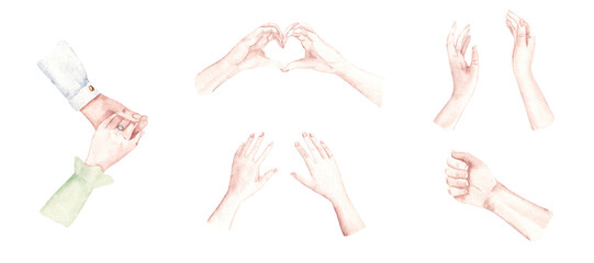 Woman and Man Hands set. Watercolor hand gesture collection with open palm, fist, couple holding hands with engagement ring and woman hands showing heart expressive poses. Ideal for wedding card