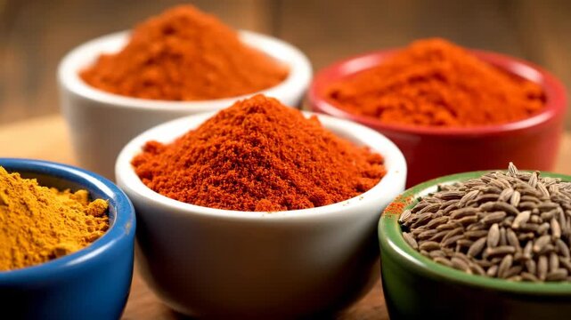 Colorful spices in bowls on a wooden table