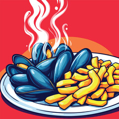 Vsai steaming mussels and fries traditional belgian food illustration