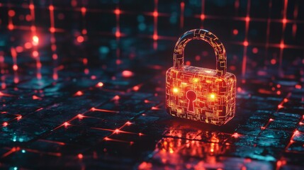 A digital padlock symbolizing data security in a cyber world. Bright lights shine around a lock design. This image represents cybersecurity and technology. Generative AI