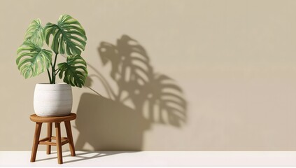 Monstera deliciosa plant casting shadow on beige wall in modern interior design
