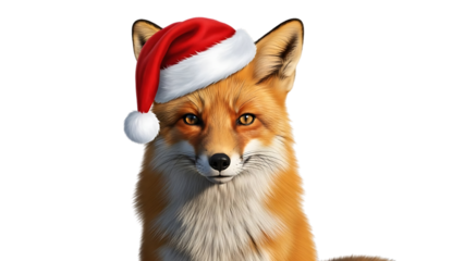 Fox, wearing a Santa hat white orange 1, cutout, PNG isolated on transparent background