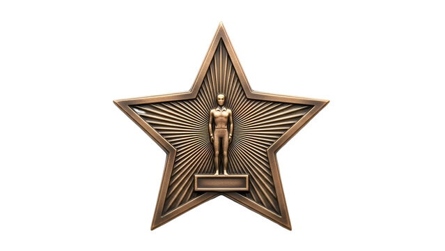 Bronze star medal with figure and radiating lines on white  background award