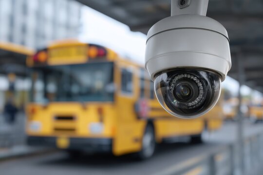 Security camera installation on school premises to enhance safety and monitor activities near yellow school bus