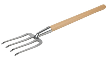Four Tined Garden Fork with Wooden Handle on white Background tool gardening