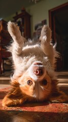 Playful Happy Dog Lying Down on Floor with Cute Smile - Friendly Pet Close-Up