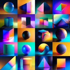 Colorful abstract 3D geometric shapes collection on gradient background

