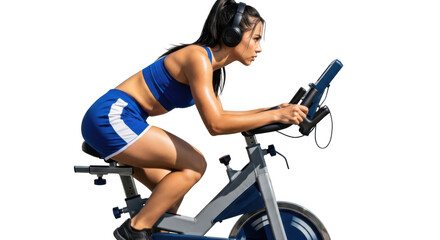 Woman cycling on stationary bike with headphones isolated on transparent background
