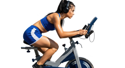 Woman cycling on stationary bike with headphones isolated on transparent background