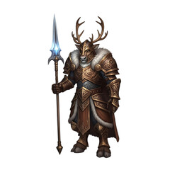 Fototapeta premium Deer warrior, in armor holding a spear with antlers, cutout, PNG isolated on transparent background