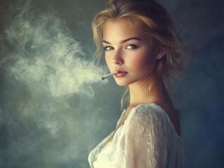 Young blonde woman smoking a cigarette (portrait)