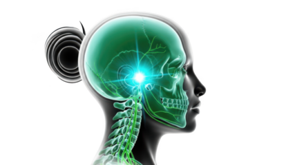 Human brain activity highlighted in skull anatomy isolated on transparent background