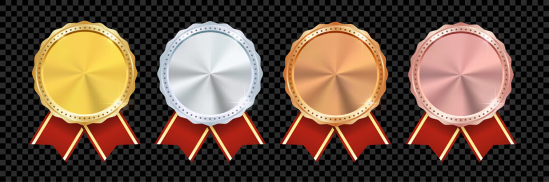 Gold, Silver, Bronze and Rose Gold Medal Set with Red Ribbon &ndash; Winner Award Badges for 1st, 2nd, 3rd and 4th Place, Realistic Prize Vector Illustration