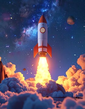 Cartoon rocket blasting off through clouds at night with a starry sky and distant planets in the background