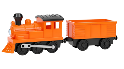 Orange toy train engine and open box car on white image